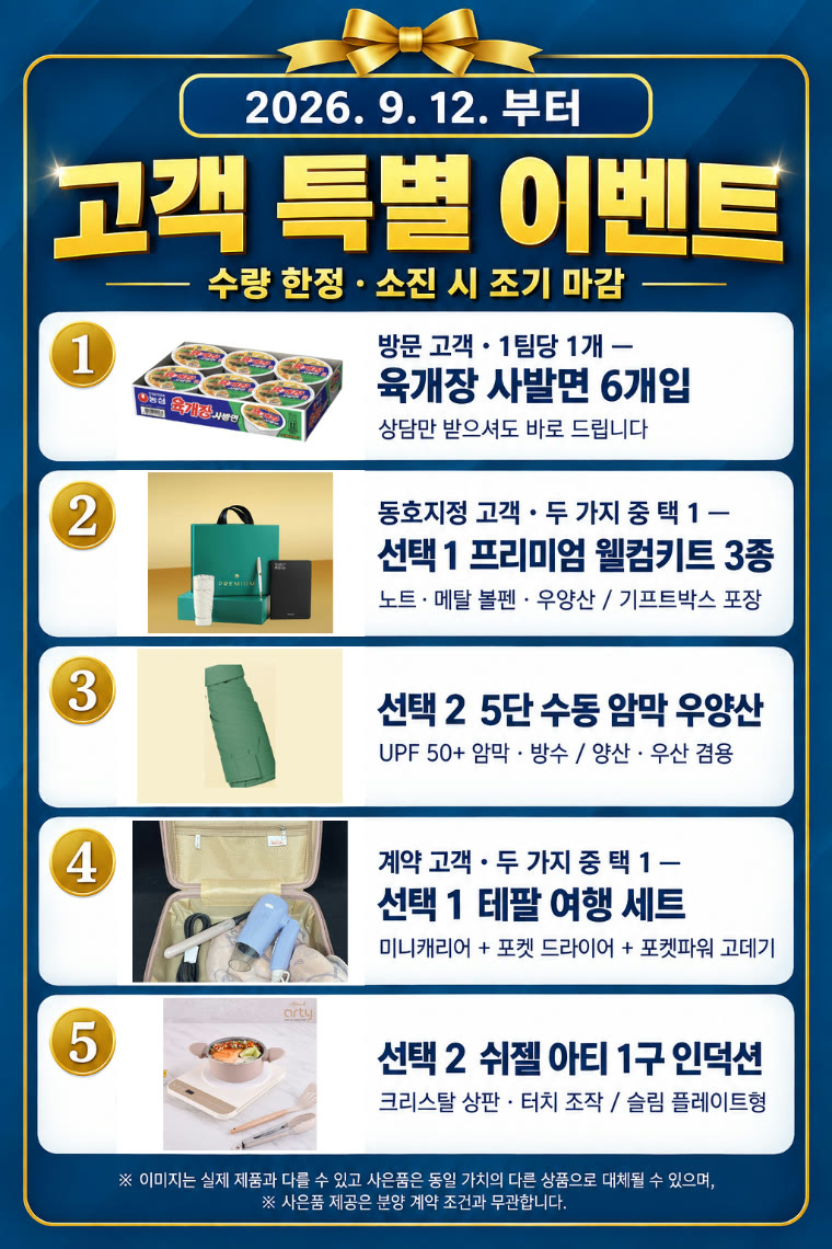 고객 특별 이벤트 — 2026. 9. 12. 부터 · 수량 한정 · 소진 시 조기 마감. 방문 고객 1팀당 1개: ① 육개장 사발면 6개입 — 상담만 받으셔도 바로 드립니다. 동호지정 고객 두 가지 중 택 1: 선택 1 프리미엄 웰컴키트 3종 — 노트 · 메탈 볼펜 · 우양산, 기프트박스 포장 / 선택 2 5단 수동 암막 우양산 — UPF 50+ 암막 · 방수, 양산 · 우산 겸용. 계약 고객 두 가지 중 택 1: 선택 1 테팔 여행 세트 — 미니캐리어 + 포켓 드라이어 + 포켓파워 고데기 / 선택 2 쉬젤 아티 1구 인덕션 — 크리스탈 상판 · 터치 조작, 슬림 플레이트형. 이미지는 실제 제품과 다를 수 있고 사은품은 동일 가치의 다른 상품으로 대체될 수 있으며, 사은품 제공은 분양 계약 조건과 무관합니다.